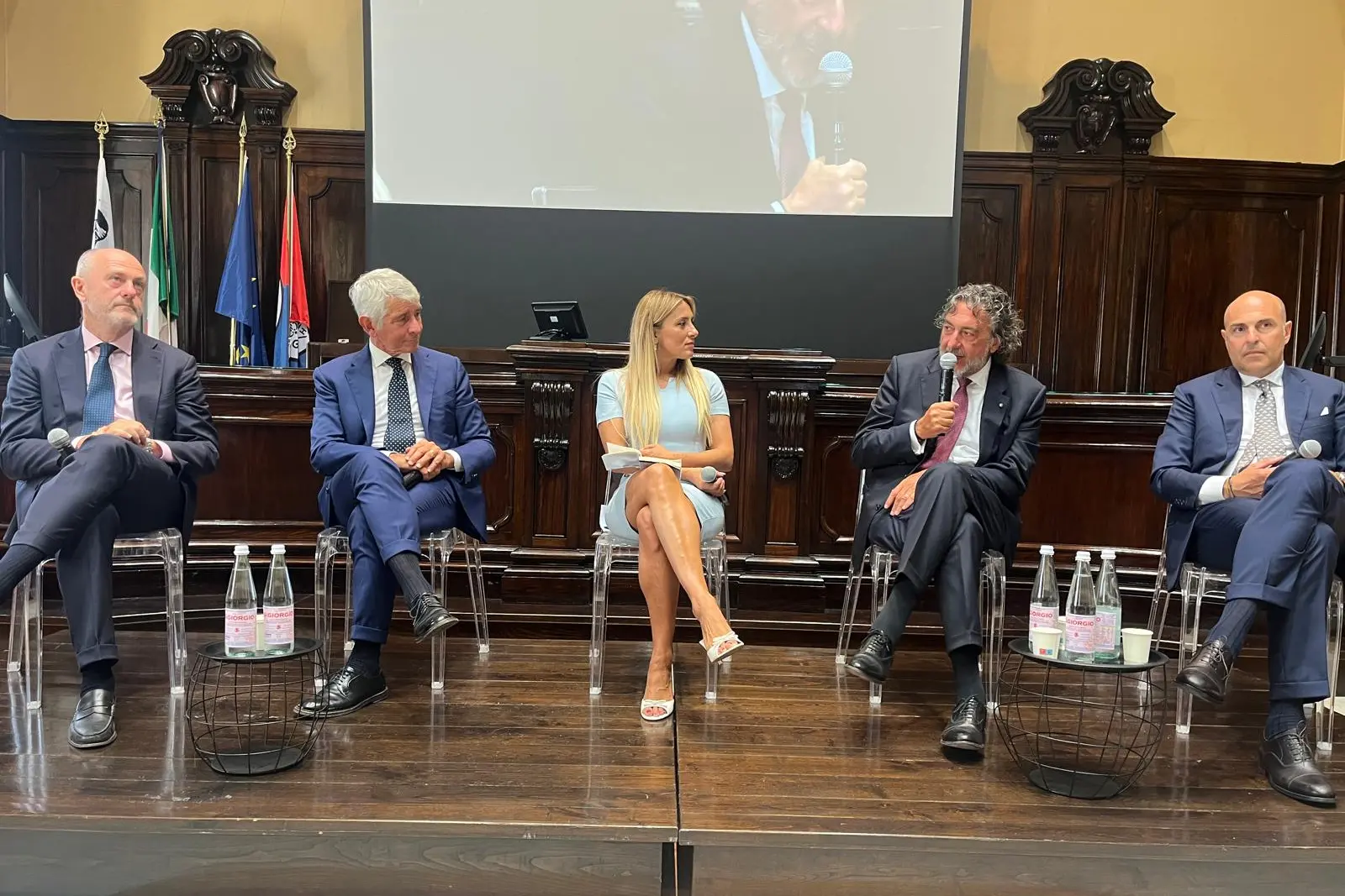 Da sinistra, Angelo Binaghi (Fitp), il ministro Andrea Abodi, la giornalista Virginia Saba, Carlo Cimbri (Unipol) e Tommaso Giulini (Cagliari Calcio) (foto c.a.m.)