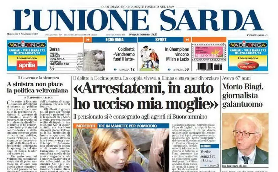 La notizia della morte del giornalista sulla prima pagina de &quot;L'Unione Sarda&quot;
