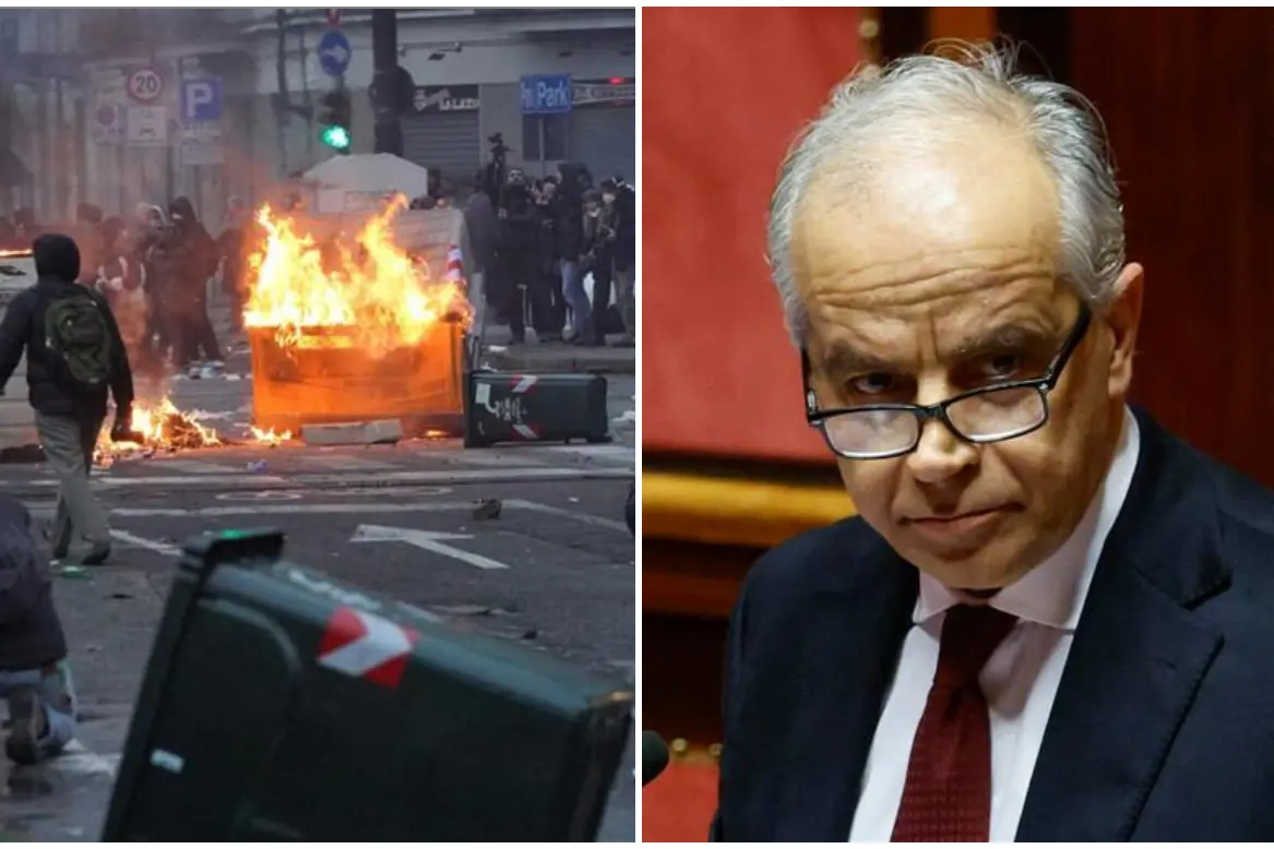 Recenti scontri a Torino, a destra il ministro Piantedosi (foto Ansa)