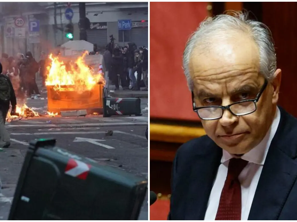Recenti scontri a Torino, a destra il ministro Piantedosi (foto Ansa)