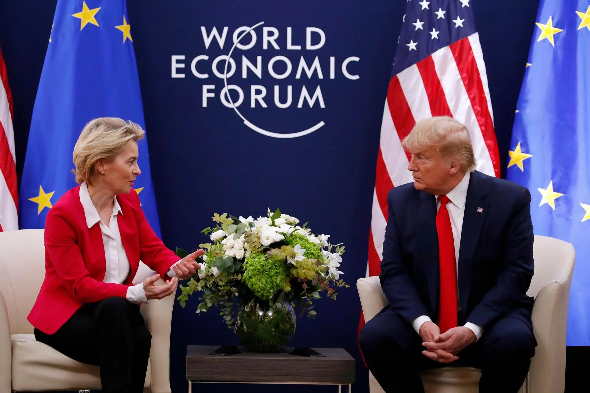 A handout photo made available by the EU Commission shows European Commission President Ursula von der Leyen (L) meeting US President Donald Trump during the annual meeting of the World Economic Forum 2020 in Davos, Switzerland, 21 January 2020. ANSA/EPA/STEFAN WERMUTH HANDOUT HANDOUT EDITORIAL USE ONLY/NO SALES