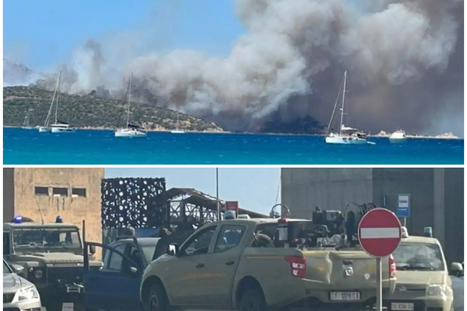 Sopra: l'incendio a Punta Molentis. Sotto: la Forestale in azione a San Giovanni Suergiu (Foto Murru)