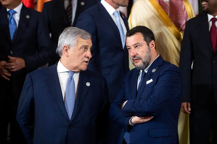 The Minister of Foreign Affairs Antonio Tajani (L) and the Minister of Infrastructure and Transport Matteo Salvini (R) during the International Conference on Development and Migration at the Farnesina, Rome, 23 July 2023. ANSA/ANGELO CARCONI