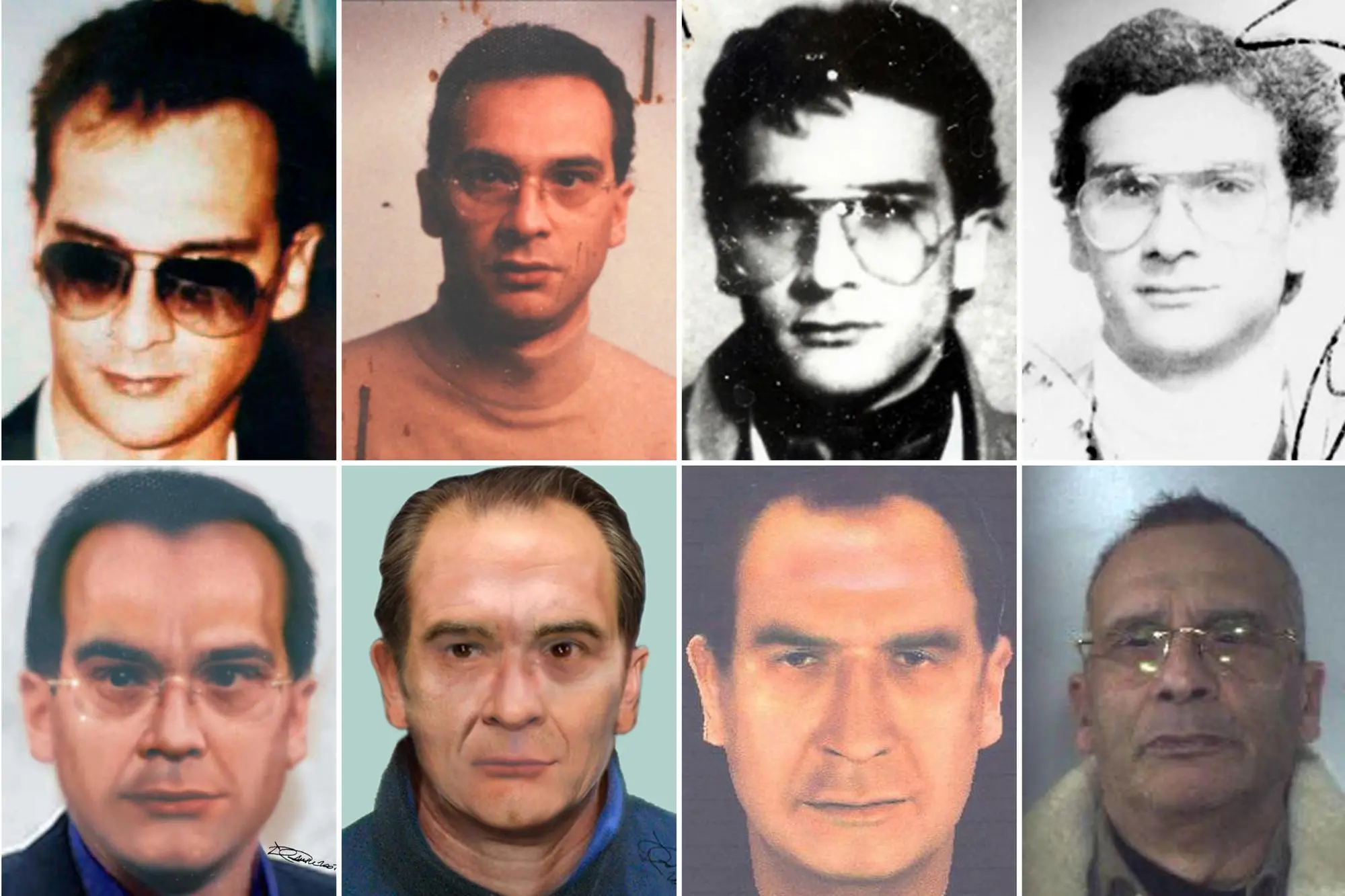 Gli identikit di Matteo Messina Denaro e la foto dopo l'arresto, in basso a destra (Ansa)