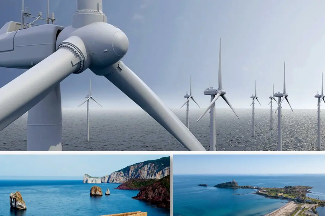 Impianto eolico offshore; la Costa di Pula, con le vestigia di Nora; il Pan di Zucchero nella Costa di Iglesias (L'Unione Sarda)