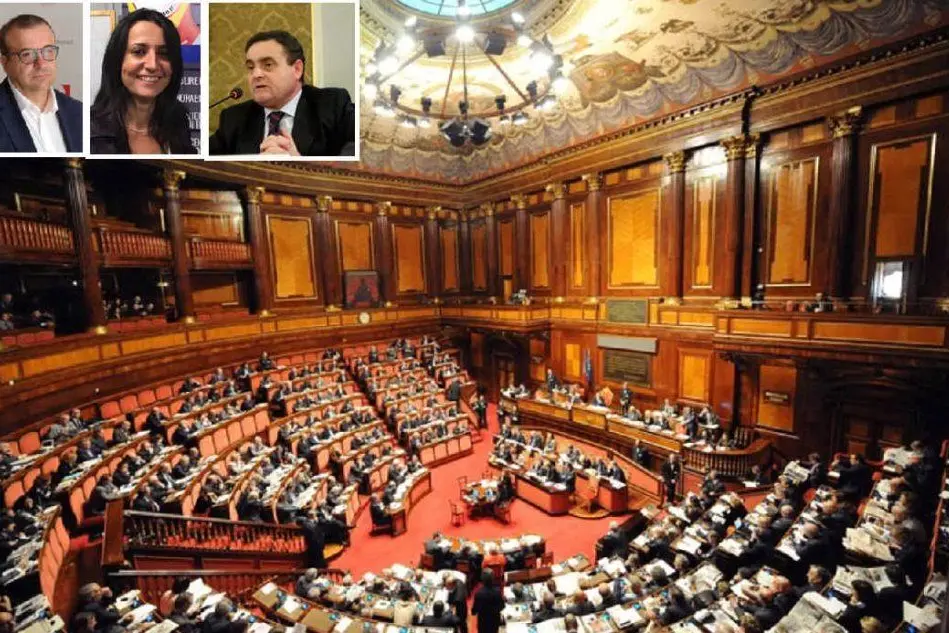 Il senato e, nei riquadri, Emanuele Cani, Emanuela Corda e Franco Siddi (Archivio L'Unione Sarda)