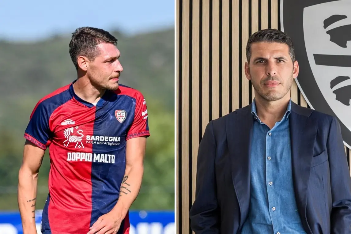 A destra il nuovo direttore sportivo del Cagliari Pietro Accardi, a sinistra l'ex attaccante rossoblù Andrea Belotti (foto Cagliari Calcio)