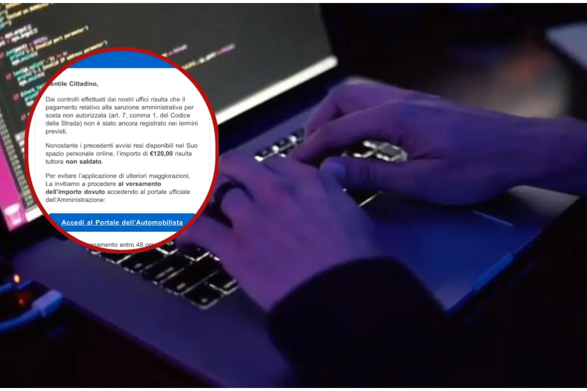Frodi informatiche, immagine simbolo. A sinistra il dettagli della mail truffa (Ansa/L'Unione Sarda)