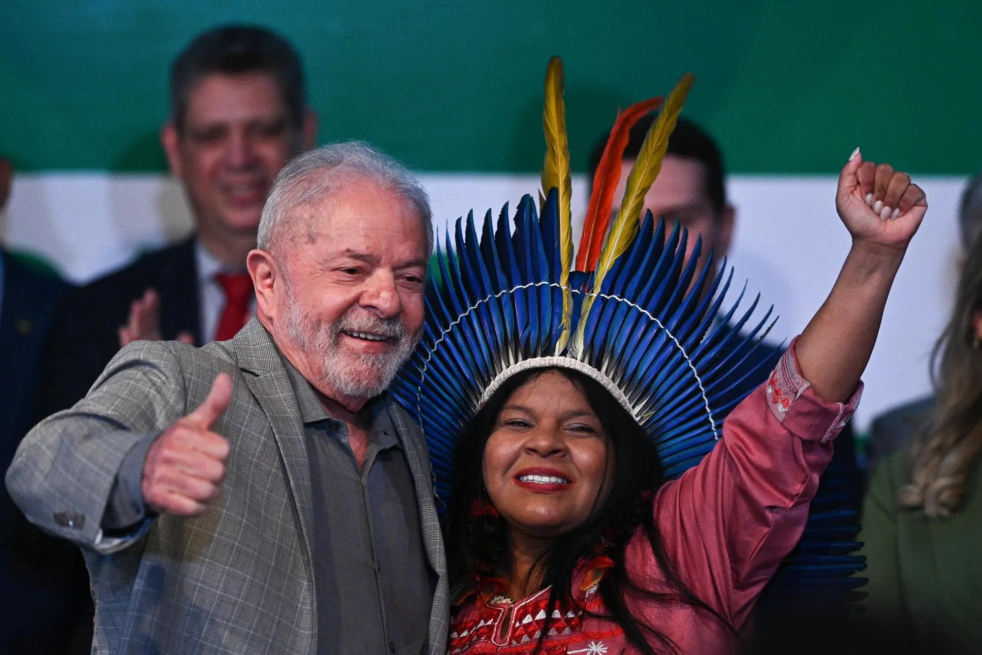 epaselect epa10381753 Brazil's president-elect, Luiz Inacio Lula da Silva, poses next to the appointed Minister of Indigenous Peoples, Sonia Guajajara, during a press conference in which he announced ministers of his future government, in Brasília, Brazil, 29 December 2022. Lula da Silva, who will take office on 01 January 2023, announced on 29 December 16 new ministers, with which his cabinet will have a total of 37 portfolios, one of them devoted for the first time to indigenous affairs. EPA/Andre Borges