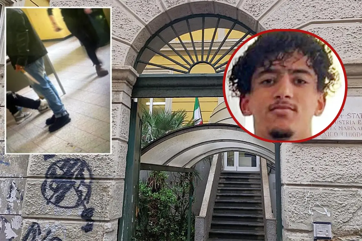 La scuola dove si è consumato il delitto, in alto a sinistra l'arma e a destra Zouhair Atif