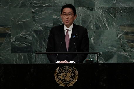epa10196111 Prime Minister of Japan, Kishida Fumio delivers his address during the 77th General Debate inside the General Assembly Hall at United Nations Headquarters in New York, New York, USA, 20 September 2022. EPA/Peter Foley