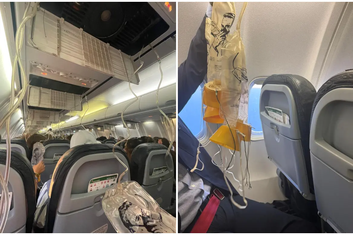 Le mascherine dell'ossigeno venute giù sul volo Cagliari-Linate di Aeroitalia