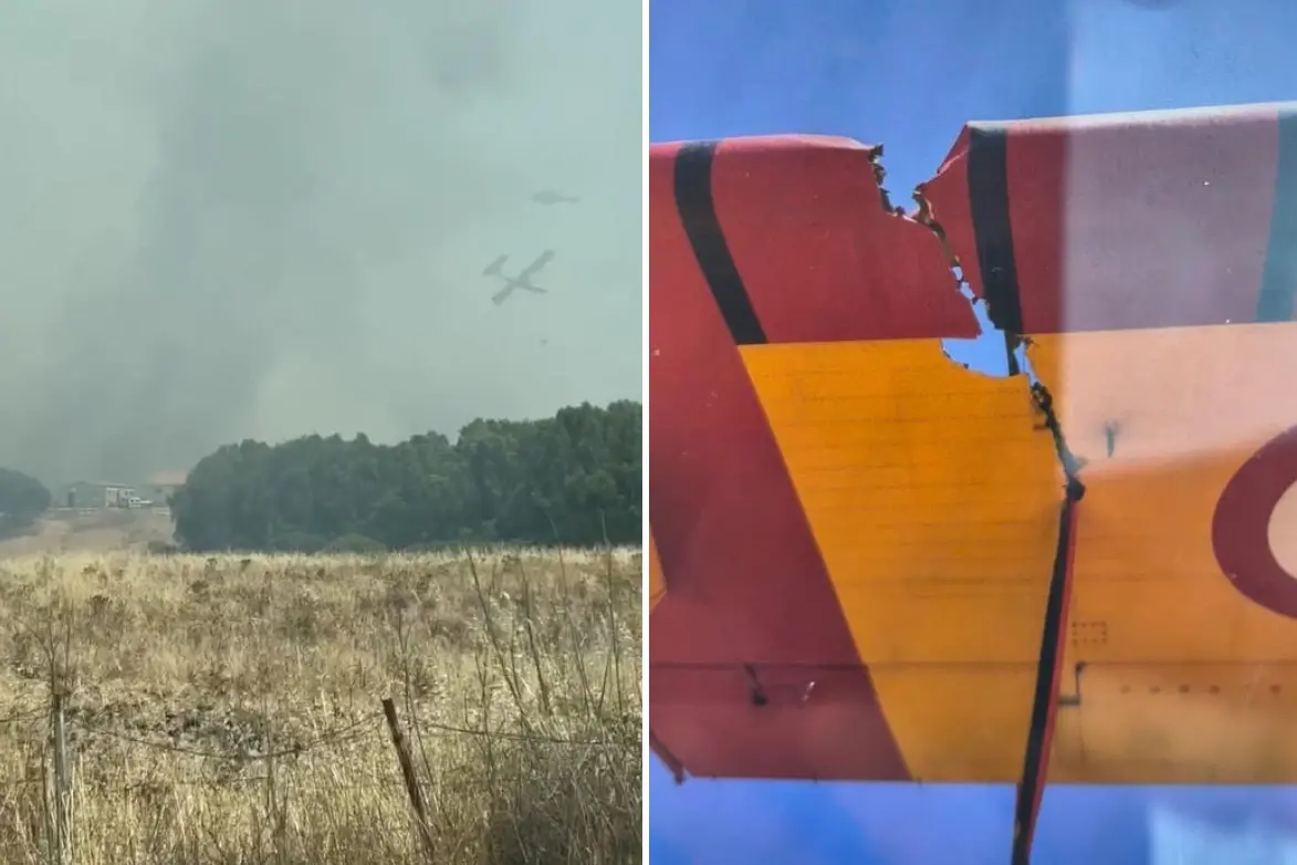 A sinistra un frame dal video dell'incidente tra il canadair ed il Superpuma. A destra l'ala danneggiata del canadair