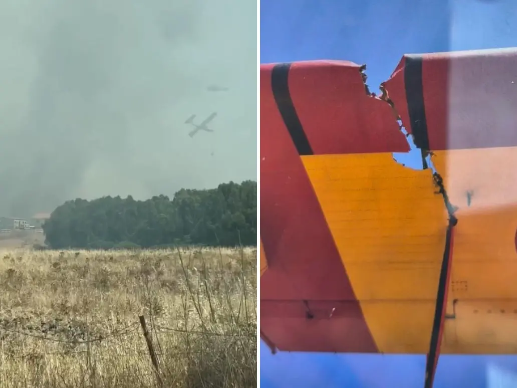 A sinistra un frame dal video dell'incidente tra il canadair ed il Superpuma. A destra l'ala danneggiata del canadair