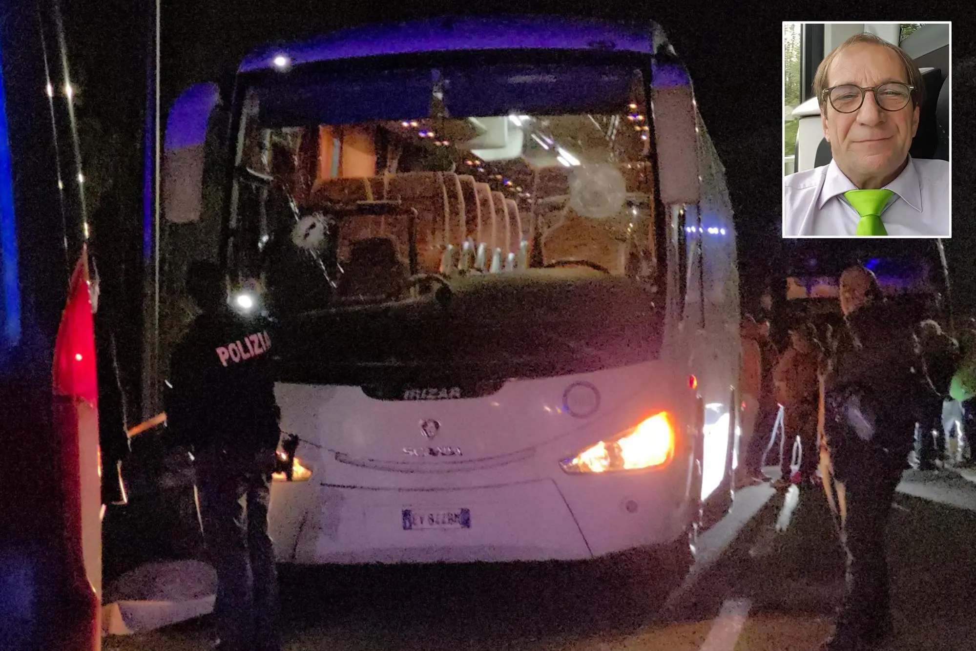 Una combo con il pullman colpito da pietre e mattoni sulla Rieti-Terni e la foto dell'autista morto Raffaele Marianella di 65 anni (Ansa)