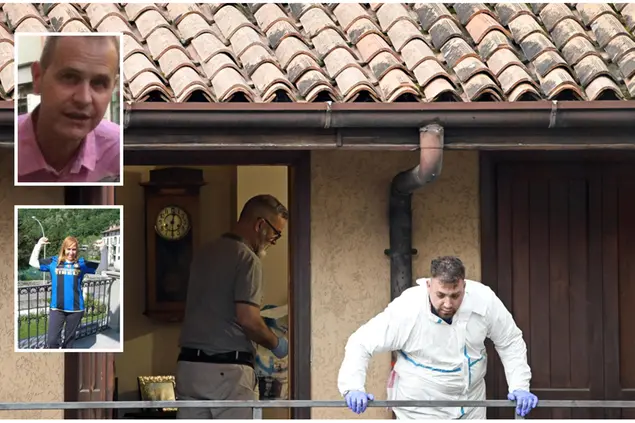 Gli inquirenti sul luogo del delitto, nei riquadri Elena Belloli e Rubens Bertocchi (Ansa)