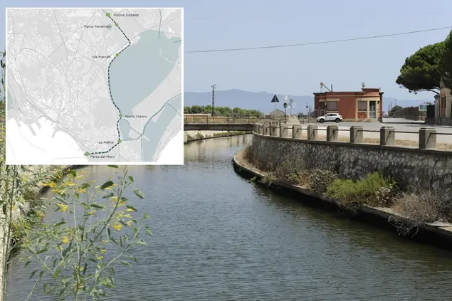 Il canale di Terramaini e, nel riquadro, il percorso del tratto navigabile (L'Unione Sarda)