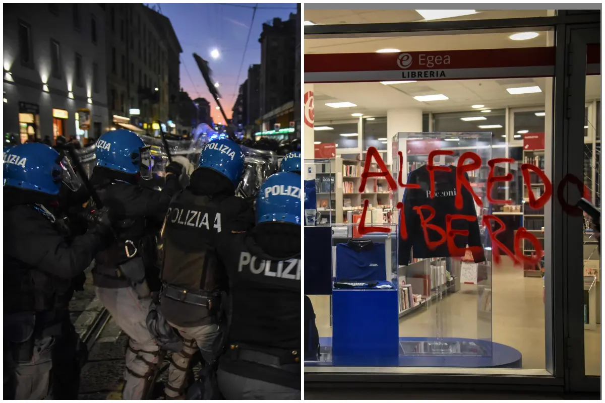 Scontri e vetrine danneggiate al corteo per Cospito a Milano (Ansa)