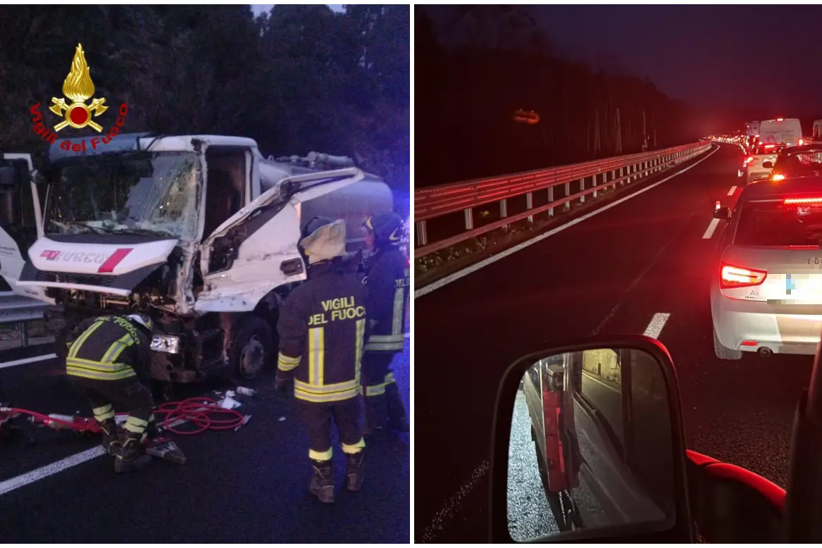 L'incidente (foto Vigili del fuoco) e le lunghe code (foto L'Unione Sarda)