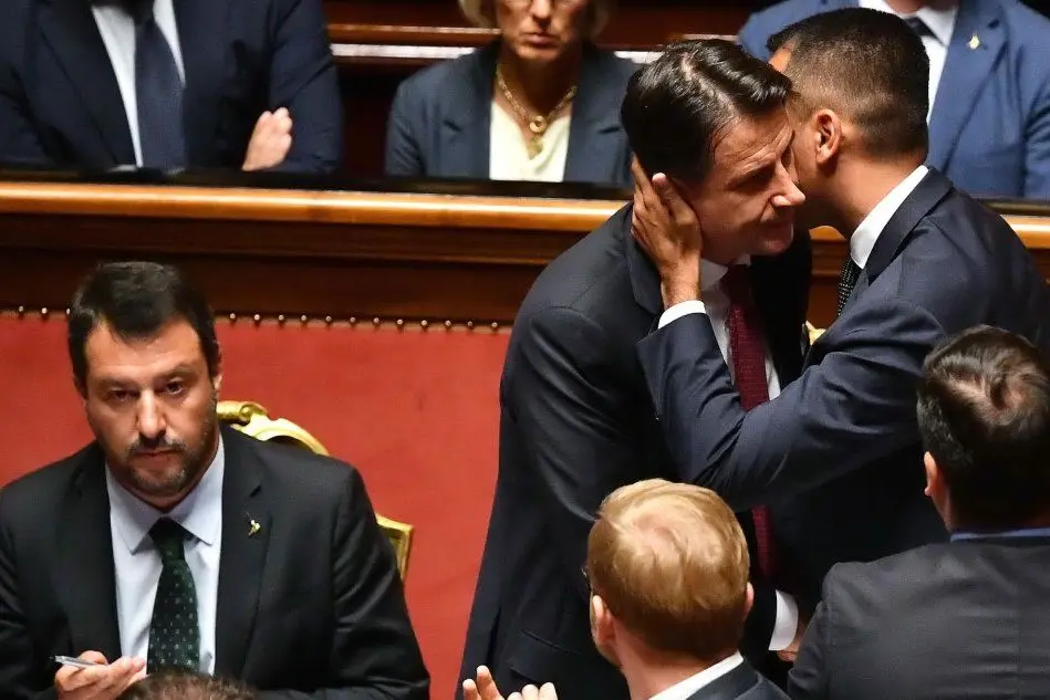 Salvini, Conte e Di Maio in Senato (Ansa)