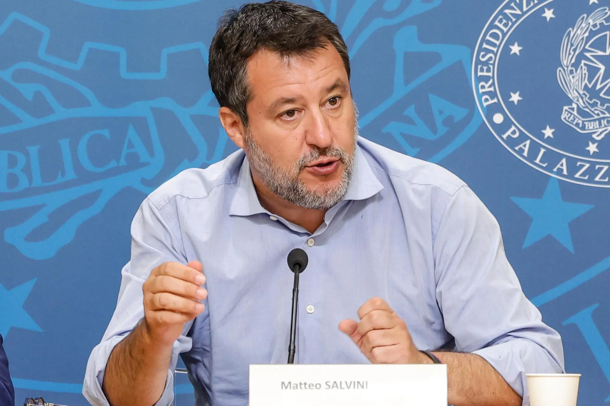 Il ministro delle Infrastutture e Mobilta Sostenibile Matteo Salvini nella Sala Polifunzionale della Presidenza del Consiglio durante la conferenza stampa sullo stato di avanzamento dell'iter amministrativo del nuovo stadio della A.S. Roma, Roma, 27 Luglio 2026. ANSA/GIUSEPPE LAMI