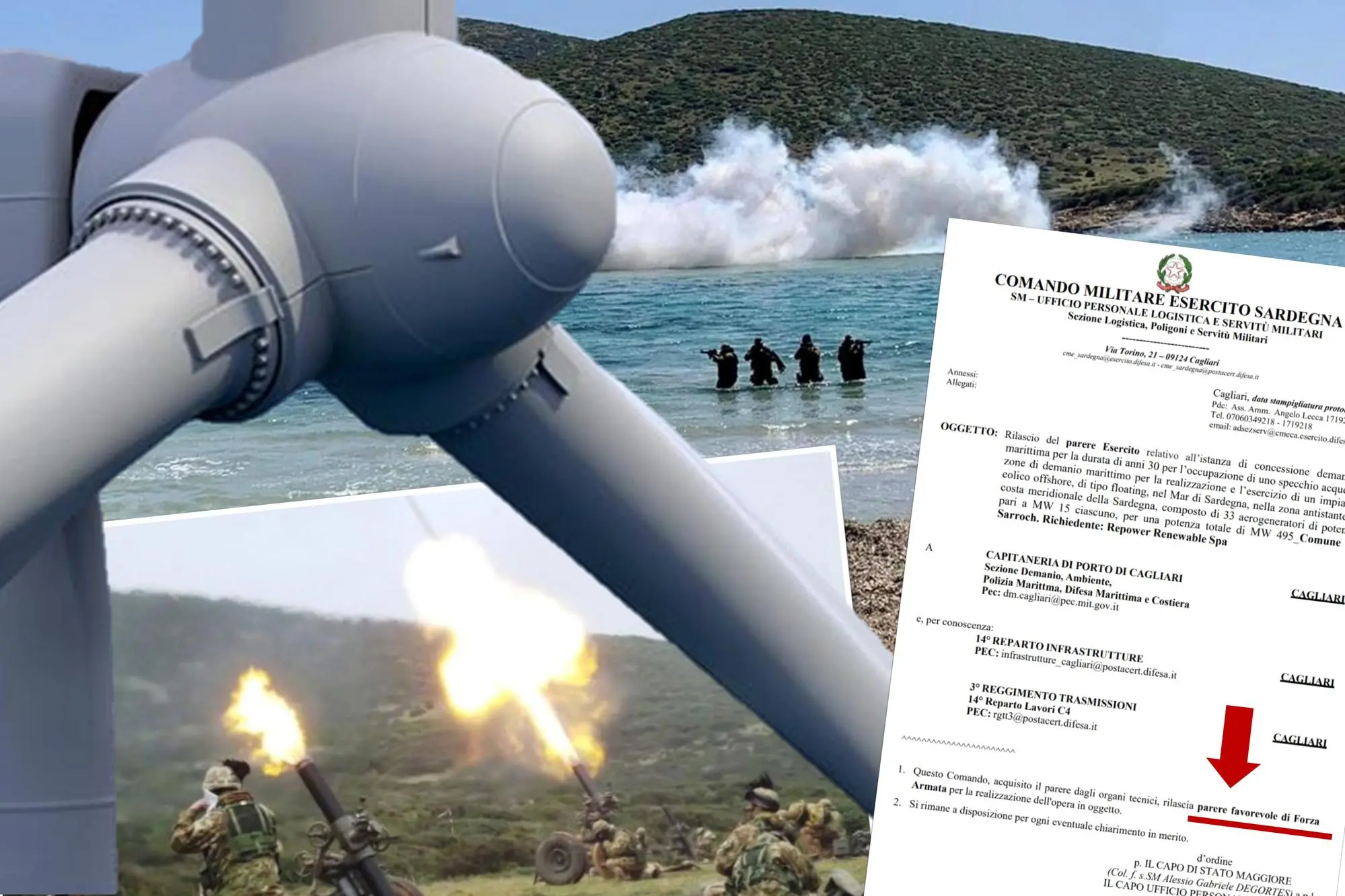 In senso orario: pala eolica offshore; sbarco anfibio a Cala Zafferano; il parere favorevole dell'Esercito; esercitazioni nel poligono di Teulada (L'Unione Sarda)
