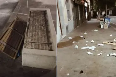 Panchina divelta e cestini a terra (foto Pala)