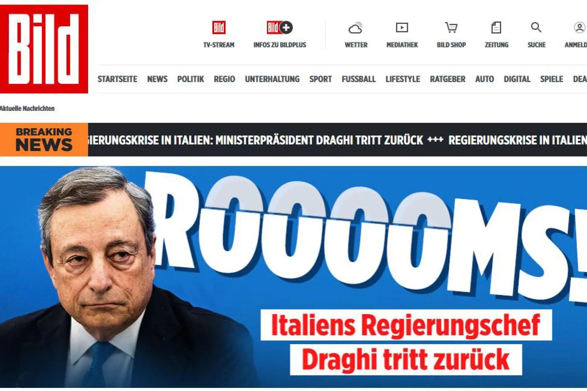 L'annuncio delle dimissioni del premier italiano Mario Draghi e' breaking news sui media mondiali, 14 luglio 2022. ANSA/ WEB +++ NO SALES, EDITORIAL USE ONLY +++