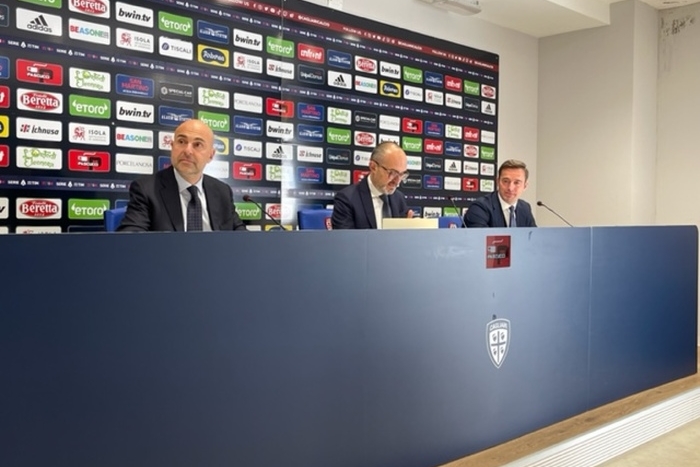La conferenza stampa con Truzzu, Giulini e Percassi (Ansa)