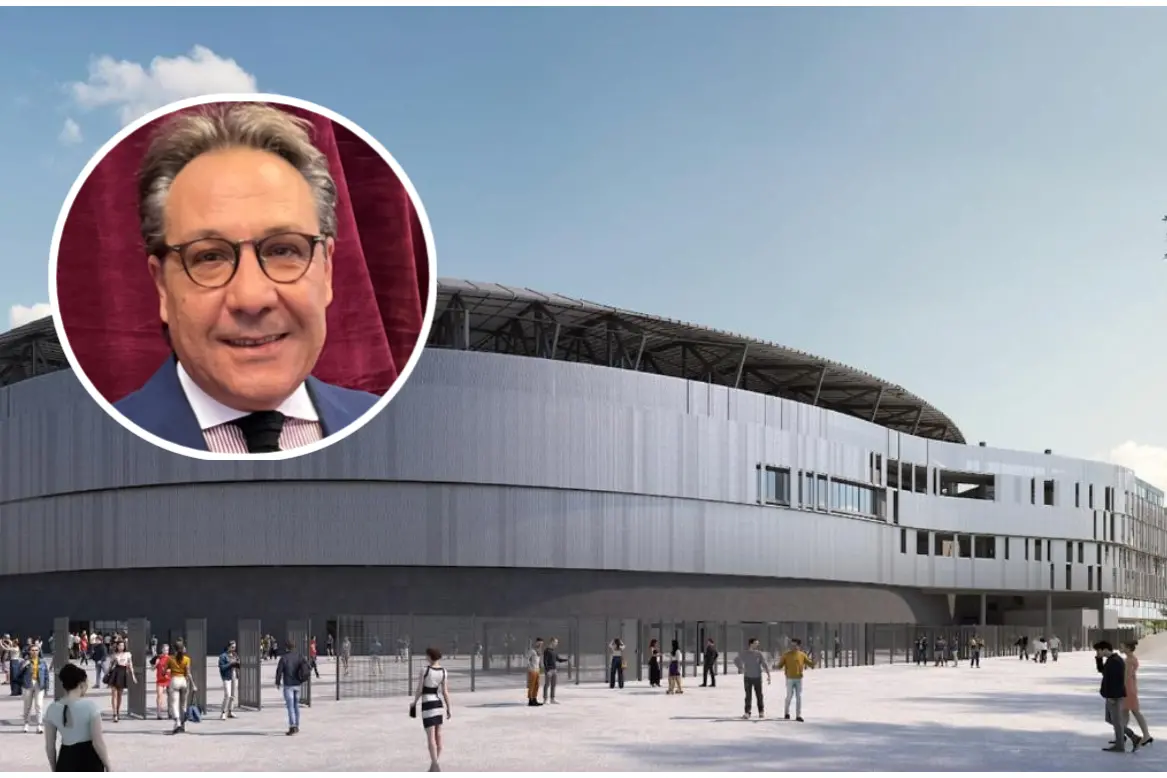 Un rendering dello stadio, nel riquadro Giuseppe Farris