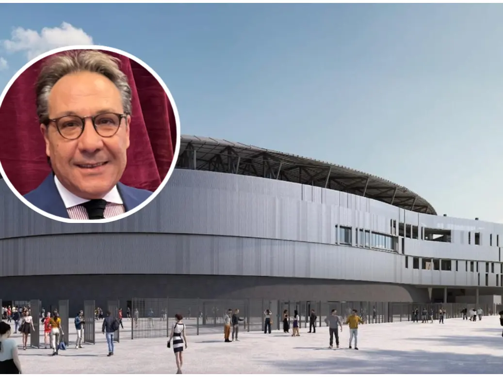 Un rendering dello stadio, nel riquadro Giuseppe Farris