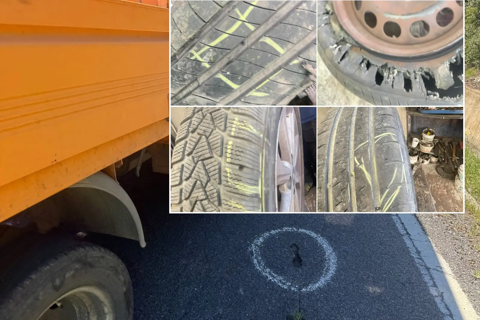 La crepa "incriminata" e, nel riquadro, le ruote bucate