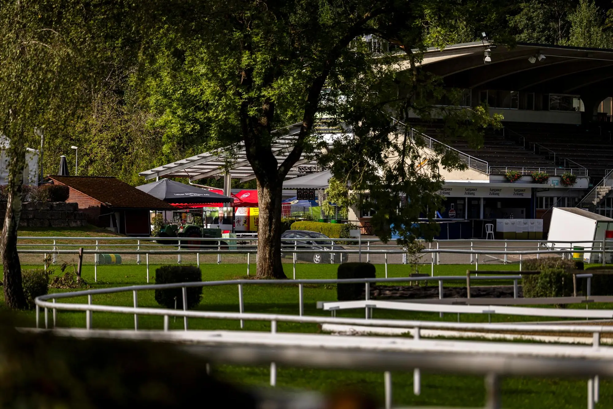 epa13202125 A general view shows the Schachen horse racing track, the site of a deadly rave party shooting incident, in Aarau, Switzerland, 31 August 2026. One person was killed, and five others were injured in an overnight shooting on 30 August during a rave event near the horse racing track in Aarau's Schachen district, according to the local police. EPA/MICHAEL BUHOLZER EDITORIAL USE ONLY