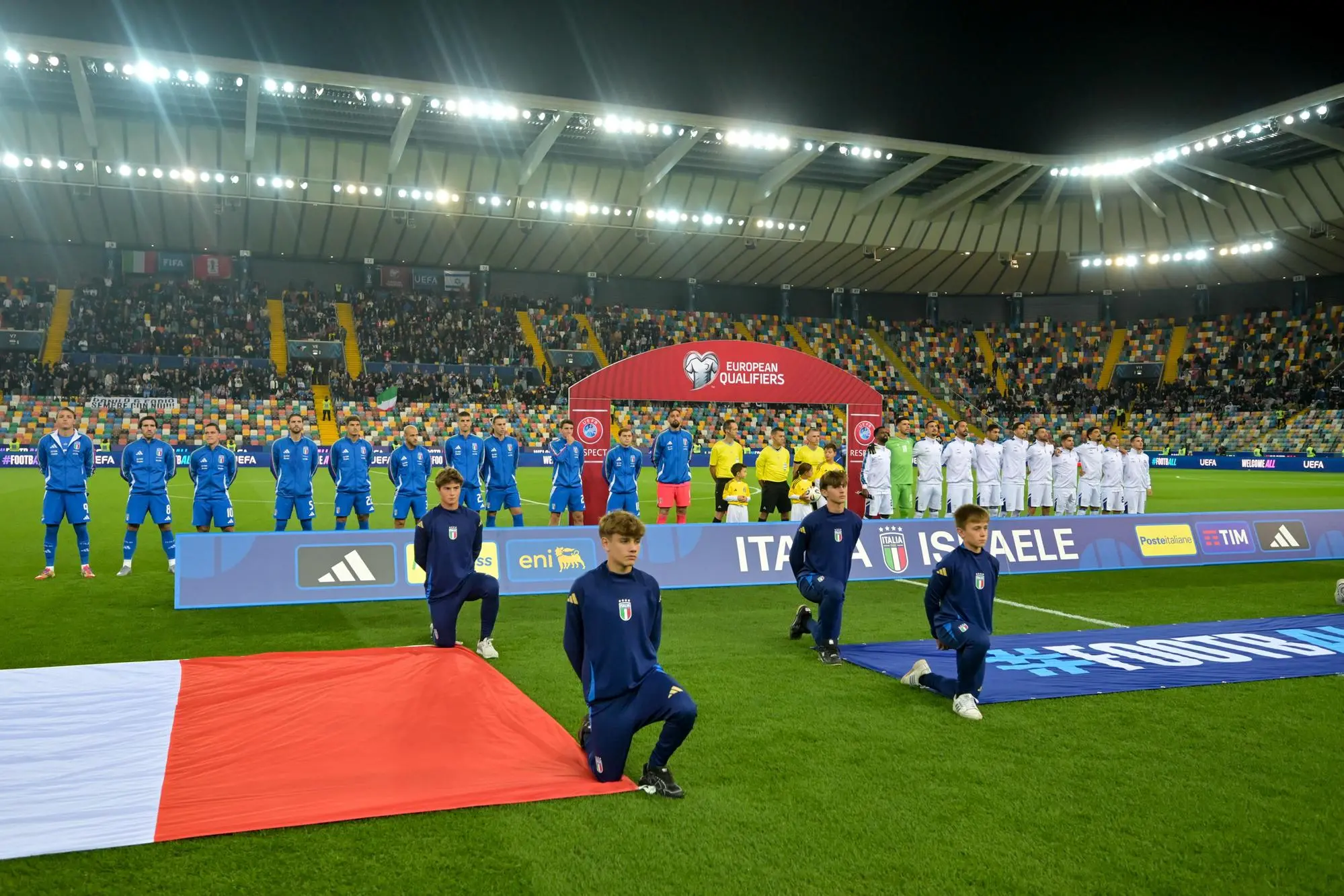 Flags of Italy and Israel during the 2026 FIFA World Cup European Qualifiers soccer match between Italy vs Israel at the Bluenergy Stadium – Stadio Friuli in Udine, Italy, 14 October 2025. ANSA/Alessio Marini