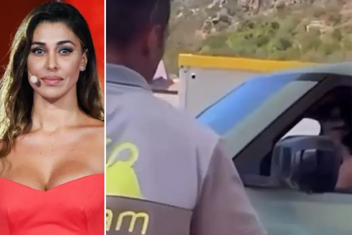 Belen Rodriguez e, a destra, un frame dal video della lite col benzinaio a Porto Cervo