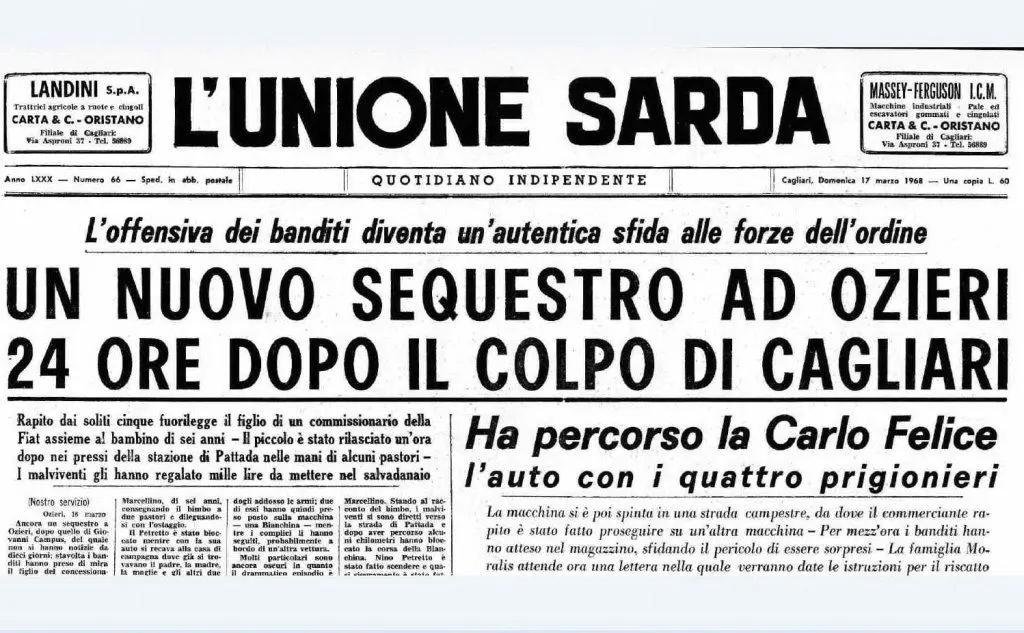Il titolo sul sequestro di Nino Petretto a Ozieri, il 17 marzo 1968