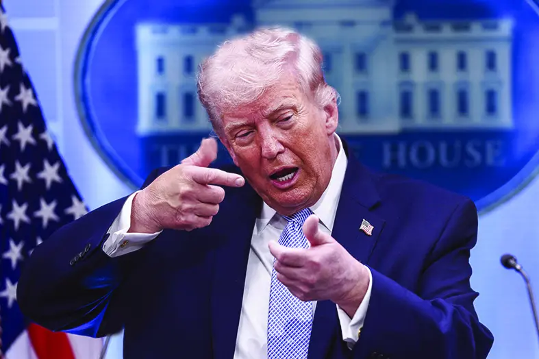 epaselect epa12872329 US President Donald Trump gestures as he responds to a question from the news media during a briefing on Iran from the White House in Washington, DC, USA, 06 April 2026. EPA/JIM LO SCALZO