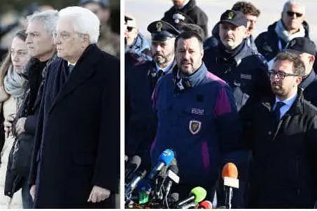 Matarella con il papà e la fidanzata di Megalizzi, a destra i ministri Salvini e Bonafede (Ansa)