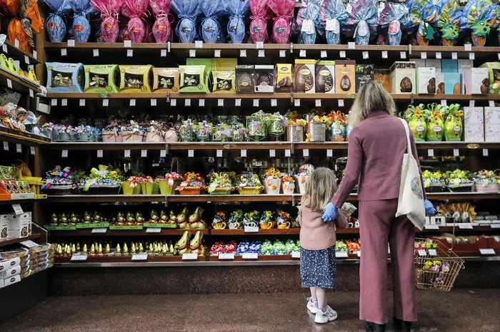 Chocolate eggs and sweets sales in the historical pastry shop and grocery store Castroni in Prati neighborhood during coronavirus lockdown in Rome, Italy, 09 April 2020. ANSA/RICCARDO ANTIMIANI
