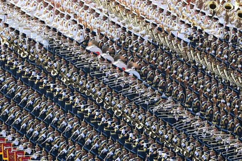 epa09314725 A handout photo made available by Xinhua News Agency shows members of the military band rehearse for a celebration marking the 100th founding anniversary of the Chinese Communist Party, in Beijing, China, 01 July 2021. China celebrates on 01 July the 100th anniversary of the founding of the ruling Chinese Communist Party (CCP). EPA/XINHUA/LI XIANG -- MANDATORY CREDIT -- HANDOUT EDITORIAL USE ONLY/NO SALES