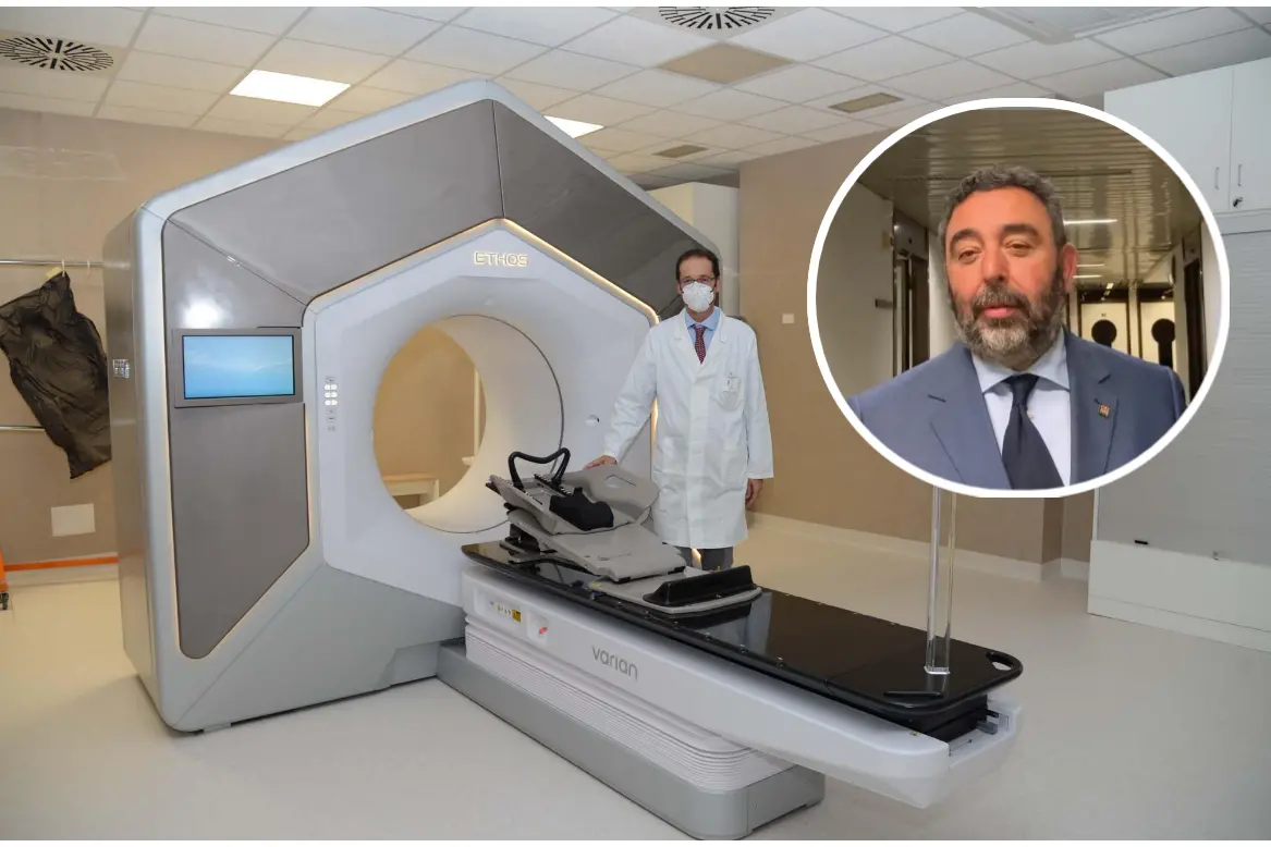 Una macchina per la radioterapia e, nel tondo, l'assessore Carlo Doria (Archivio L'Unione Sarda)