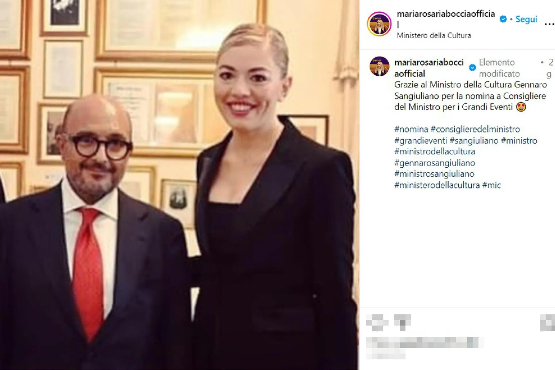 Maria Rosaria Boccia in un post pubblicato su Instagram, nel quale rigrazia il ministro della Cultura Gennaro Sangiuliano "per la nomina a Consigliere del Ministro per i Grandi Eventi"