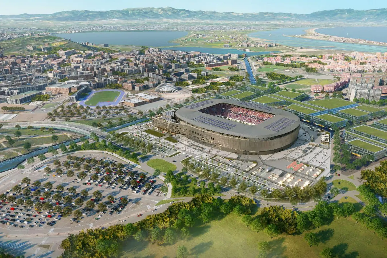 Il rendering del nuovo stadio il cui costo, al momento, ha raggiunto i 200 milioni di euro