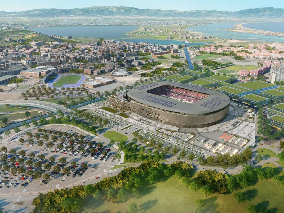 Il rendering del nuovo stadio il cui costo, al momento, ha raggiunto i 200 milioni di euro