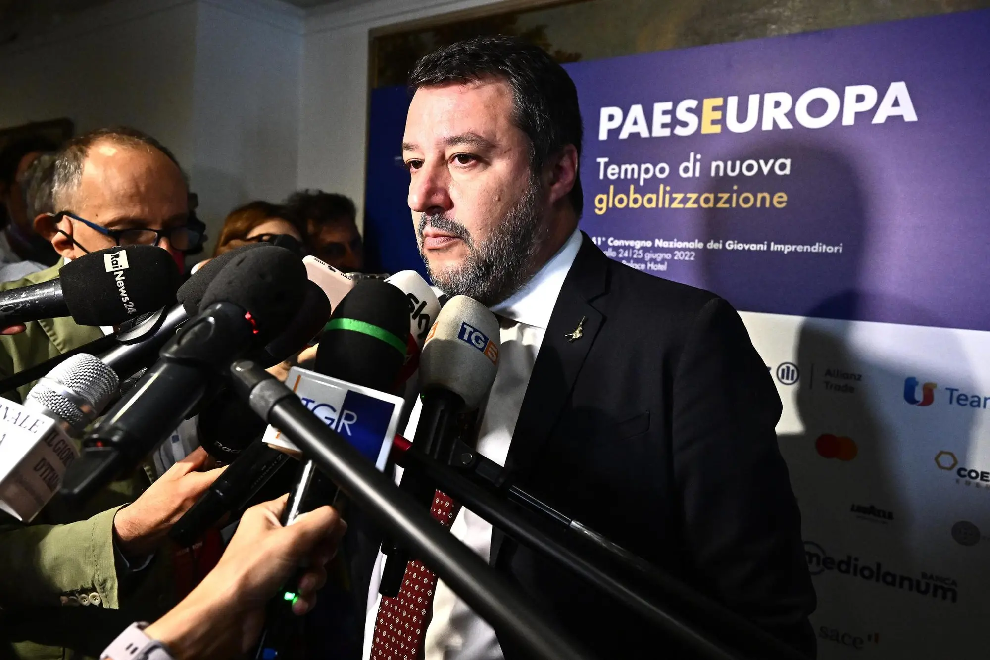 Il segretario della Lega Matteo Salvini, a margine del suo intervento nella seconda giornata del 51mo convegno Paese Europa. Genova, 25 giugno 2022