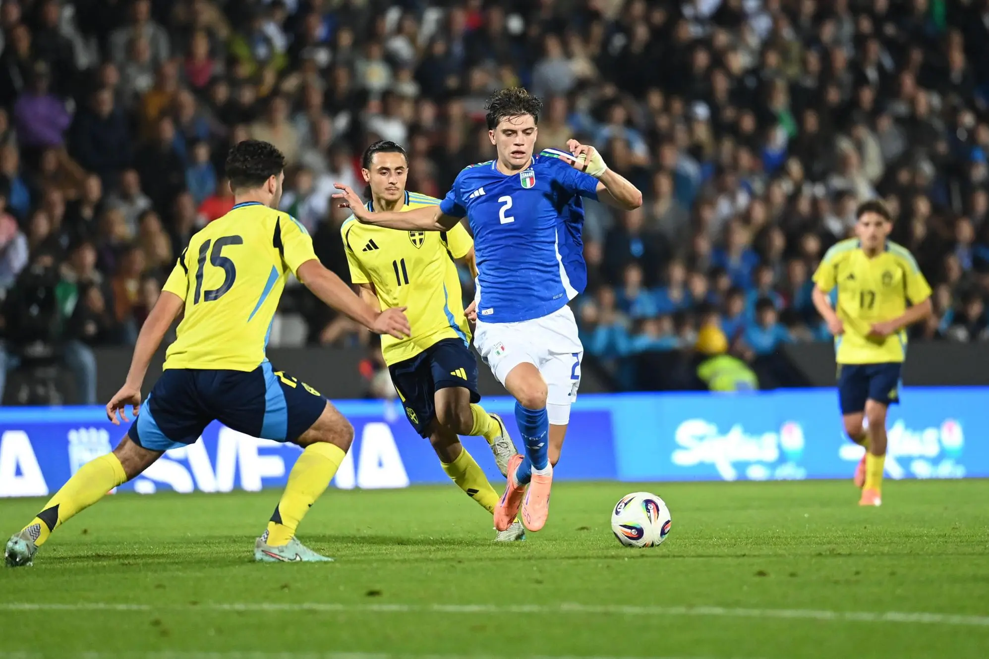 Marco Palestra (Italy) in action hindered by Bleon Kurtulus (Sweden) during the Uefa European Qualifying match between Italy U21 vs Sweden U21 on October 10, 2025 at Orogel Stadium Dino Manuzzi in Cesena (Italy). ANSA/Ricci Gianluca