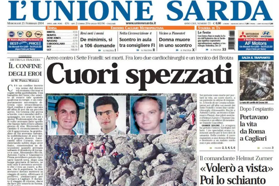 #AccaddeOggi: 25 febbraio 2004, il quotidiano L'Unione Sarda apre sulla tragedia del Sette Fratelli in cui sono morte 6 persone