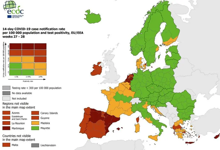 La mappa dell'Ecdc (foto\u00A0Centro europeo per la prevenzione e il controllo delle malattie)
