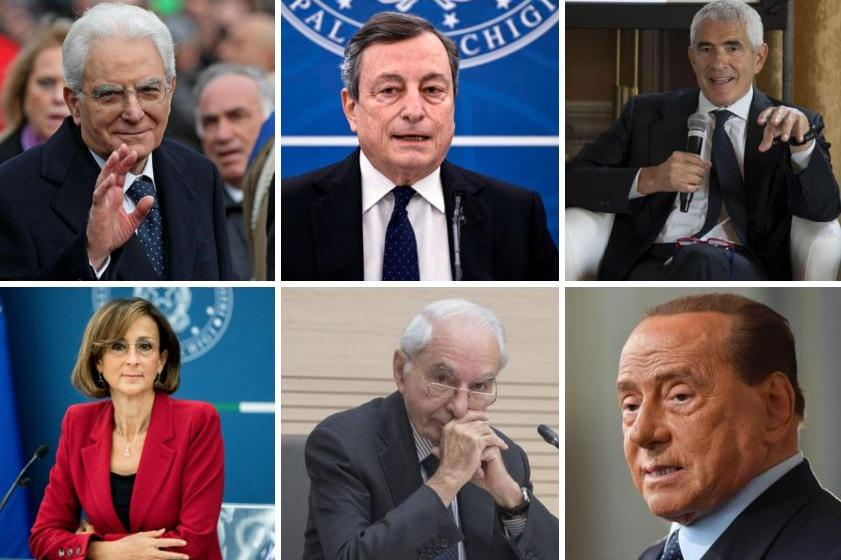 Dall'alto, verso destra: Mattarella, Draghi, Casini, Cartabia, Amato, Berlusconi (Ansa)
