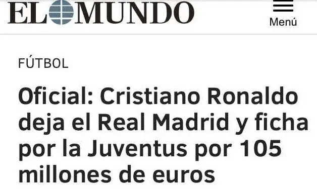 Il quotidiano spagnolo &quot;El Mundo&quot;: &quot;Ronaldo lascia il Real per 105 milioni di euro&quot;. Alla fine saranno 112
